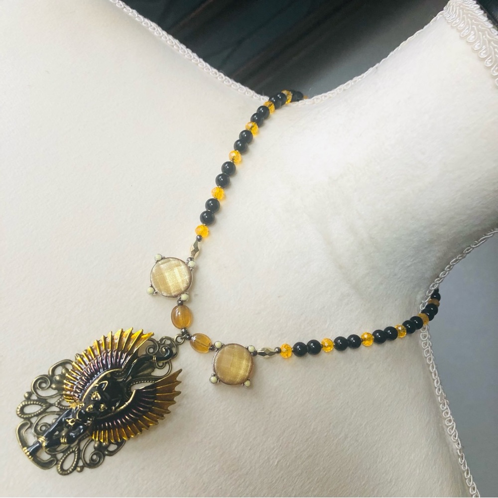 Handcrafted repurpose enamel Egyptian cat pendant Czech glass Pearl necklace